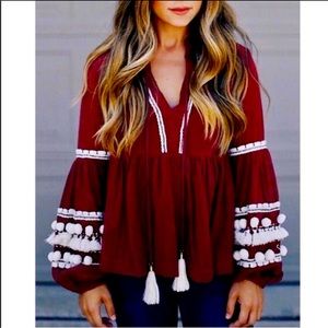 Anthropologie Vineet Bahl maroon top with pompoms